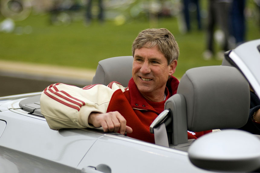 IU football coach Bill Lynch takes a lap in a pace car before the Men's Little 500 race on April 12, 2008 at Bill Armstrong Stadium.