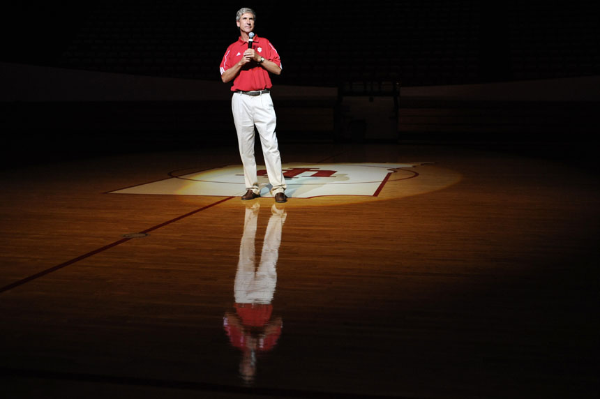 IU football coach Bill Lynch speaks to the audience during Traditions and Spirit of IU on Friday, Aug. 28, 2009 at Assembly Hall.