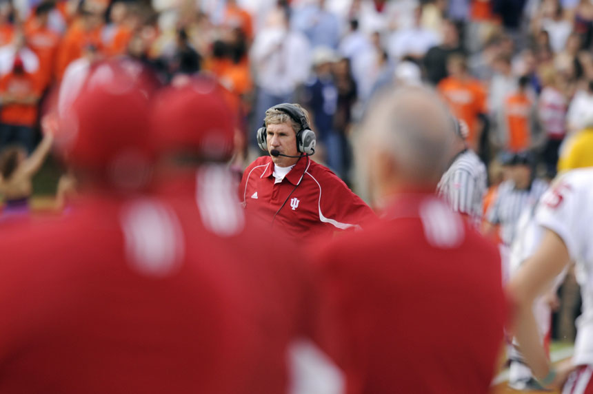 IU coach Bill Lynch watches the action from the sidelines during a football game against Virginia on Saturday, Oct. 10, 2009 at Scott Stadium in Charlottesville, Va. IU lost 47-7.