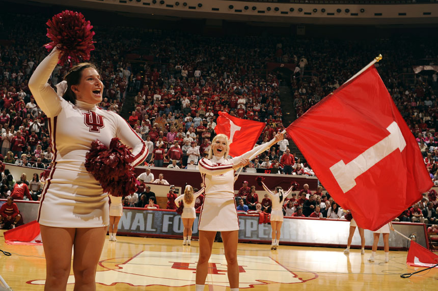 Indiana cheerleaders spell out "Indiana"  using flags during Hoosier Hysteria on Friday, Oct. 16, 2009, at Assembly Hall in Bloomington, Ind.