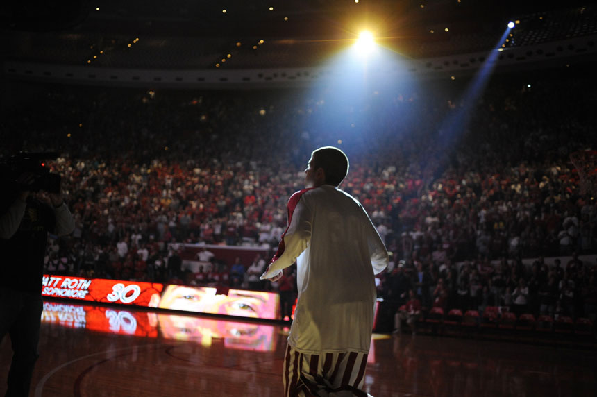 Indiana guard Matt Roth runs onto the court after being introduced during Hoosier Hysteria on Friday, Oct. 16, 2009, at Assembly Hall in Bloomington, Ind.