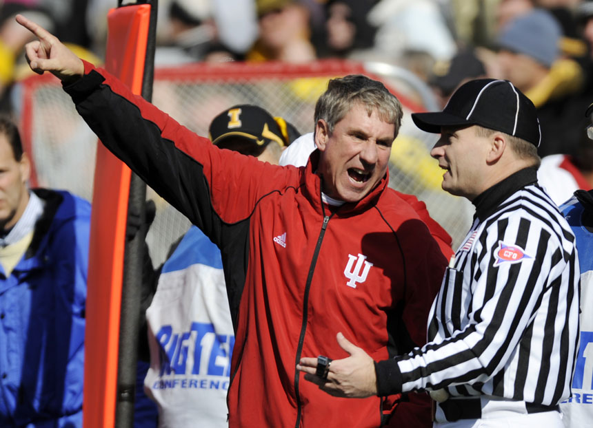 IU coach Bill Lynch argues with an official during a football game on Saturday, Oct. 31, 2009, in Iowa City, Iowa.