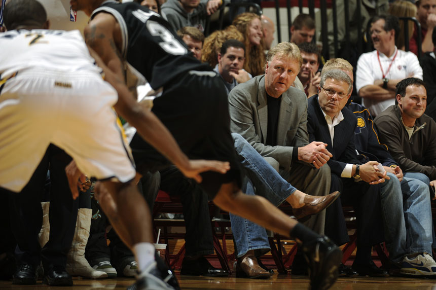 Larry Bird, the Pacers president of basketball operations, watches the action during a preseason NBA game between the Pacers and Spurs on Friday, Oct. 23, 2009, at Assembly Hall in Bloomington, Ind. Indiana won 114-112.
