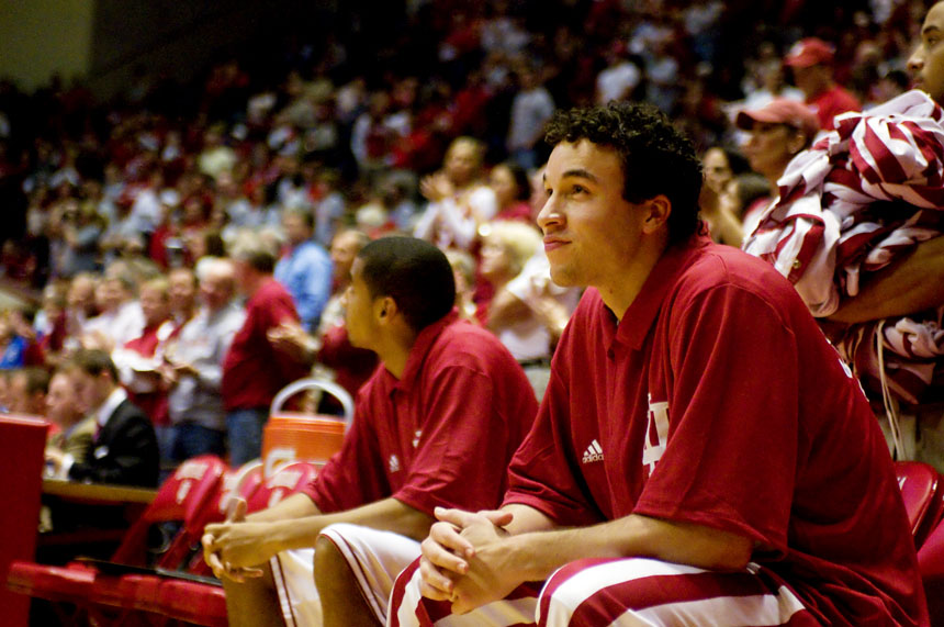 IU guard Jeremiah Rivers, right, smiles during player introductions before an exhibition game against Grace on Wednesday, Nov. 4, 2009, at Assembly Hall. Rivers was a starter in the game.