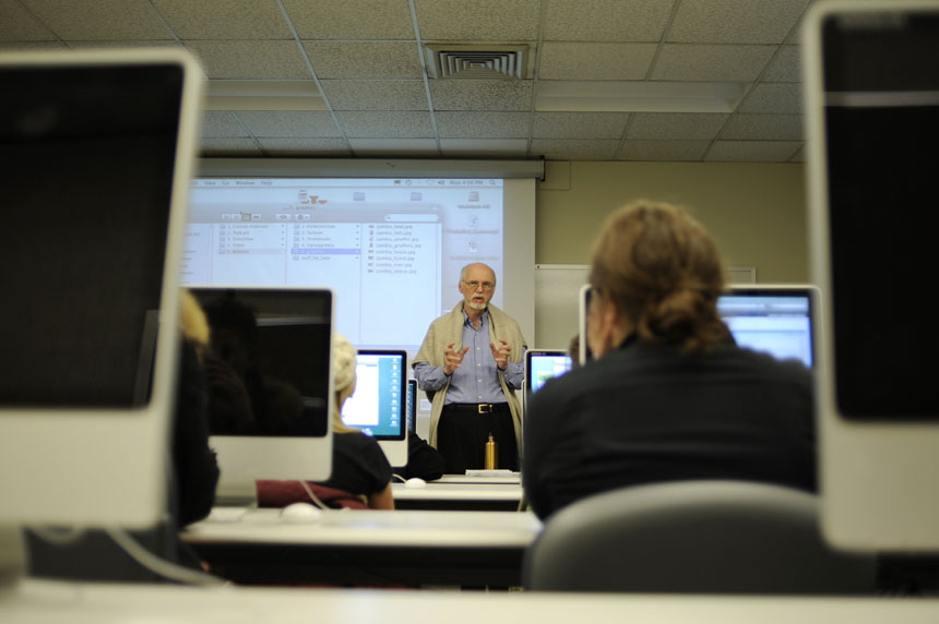 Claude Cookman, an associate professor in the Indiana University School of Journalism, speaks to students in his multimedia storytelling class on Monday, Nov. 30, 2009, in Ernie Pyle Hall. Cookman teaches photojournalism and visual communication courses at the school.