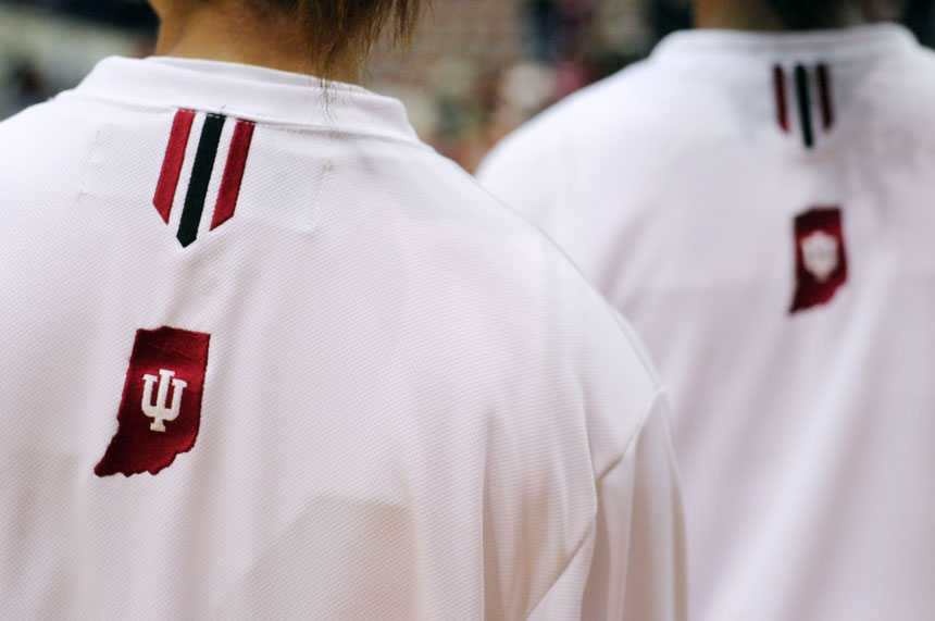An IU logo is seen on the back of an IU player's warm-up shirt before a game against Cincinnati on Wednesday, Nov. 18, 2009, at Assembly Hall.