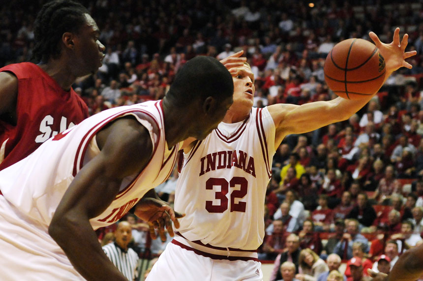 IU forward Derek Elston grabs a loose ball under the basket during an exhibition game against St. Joseph's on Monday, Nov. 9, 2009, at Assembly Hall.
