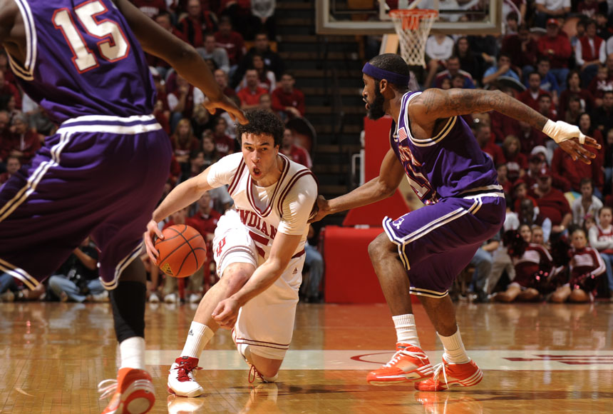 Indiana guard Jeremiah Rivers navigates his way through the Northwestern defense during a game on Saturday, Nov. 28, 2009, at Assembly Hall in Bloomington, Ind.