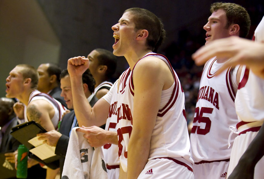 IU guard Matt Roth and the rest of the bench erupts in cheers after several IU steals during an exhibition game against Grace on Wednesday, Nov. 4, 2009, at Assembly Hall.