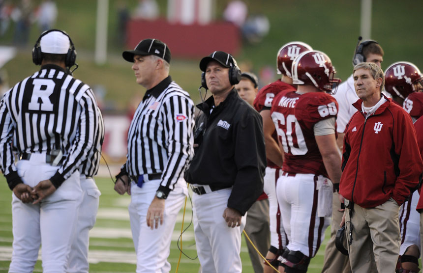 IU coach Bill Lynch stares down the officials during an instant replay of an IU touchdown during a game on Saturday, Nov. 21, 2009, at Memorial Stadium. The touchdown call was reversed, but IU scored on the next play.