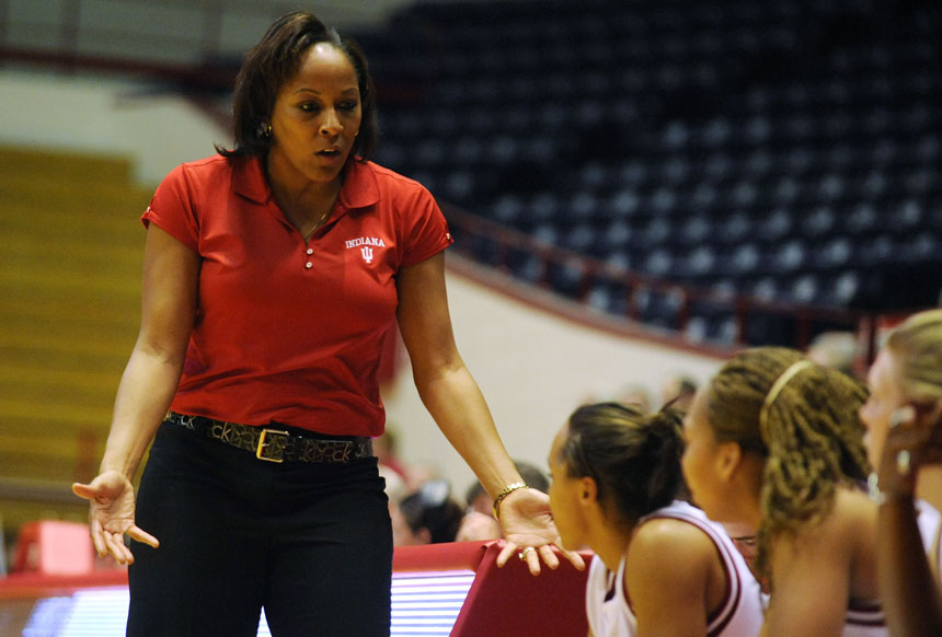 IU coach Felisha Legette-Jack talks to a player on the bench during an exhibition game against Lambuth on Sunday, Nov. 1, 2009, at Assembly Hall.