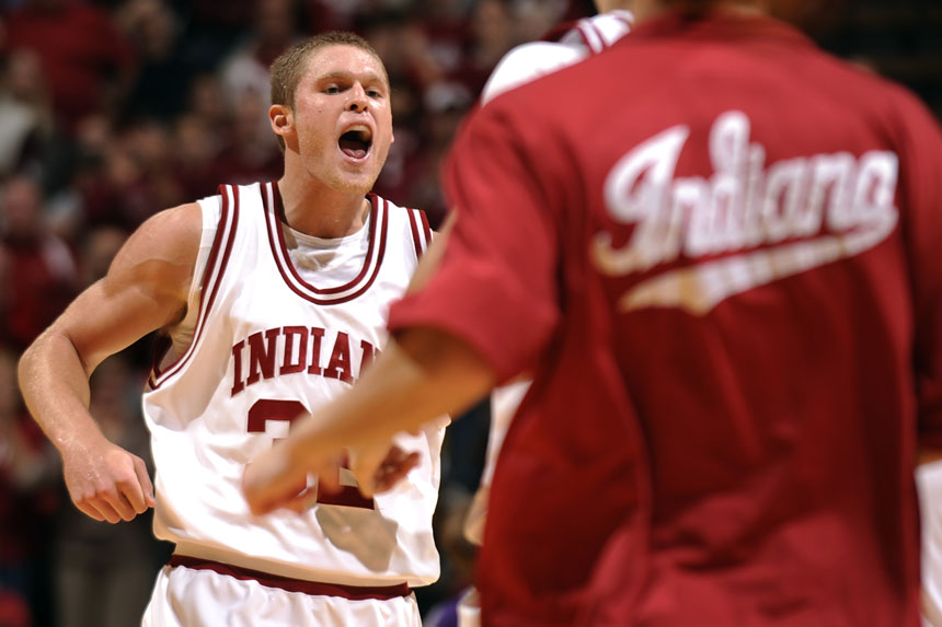 Indiana forward Derek Elston yells in celebration as he comes off the floor during a timeout in a game on Saturday, Nov. 28, 2009, at Assembly Hall in Bloomington, Ind. IU won 90-72.