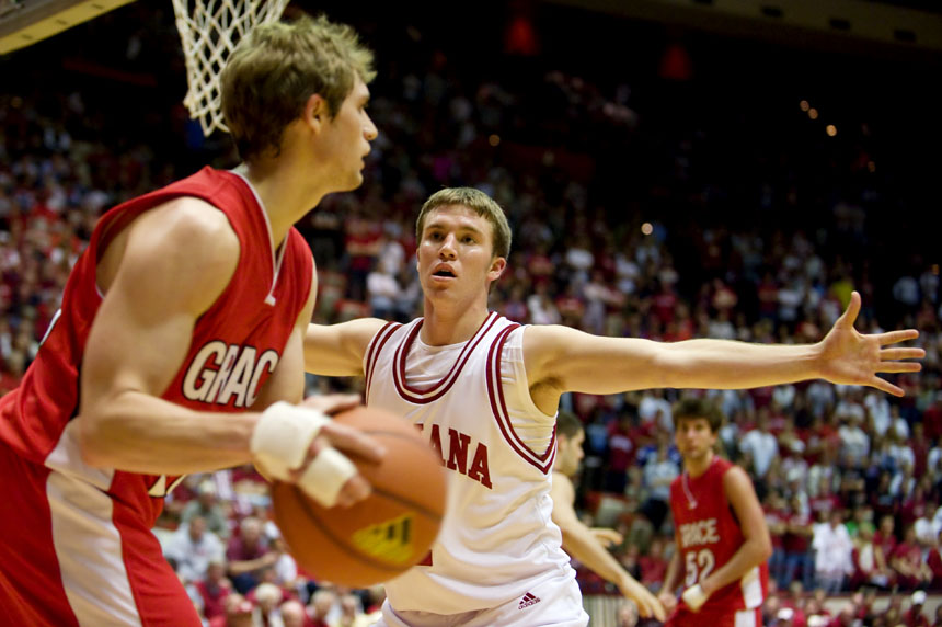IU guard Jordan Hulls defends an inbounds play during an exhibition game on Wednesday, Nov. 4, 2009, at Assembly Hall.