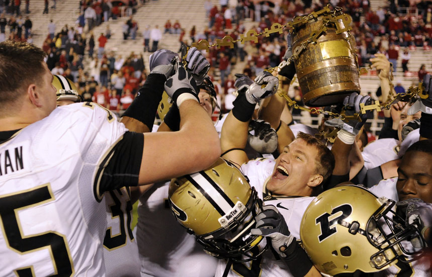 Purdue players celebrate after a 38-21 victory over IU in the Old Oaken Bucket game on Saturday, Nov. 21, 2009, at Memorial Stadium. The victory is Purdue's second straight in the rivalry.