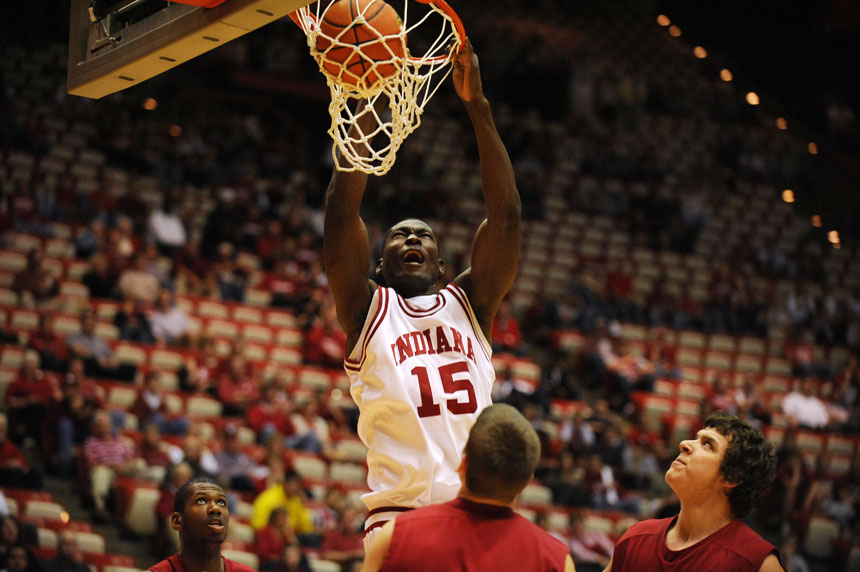 IU center Bawa Muniru throws down a slam dunk during an exhibition game against St. Joseph's on Monday, Nov. 9, 2009, at Assembly Hall.