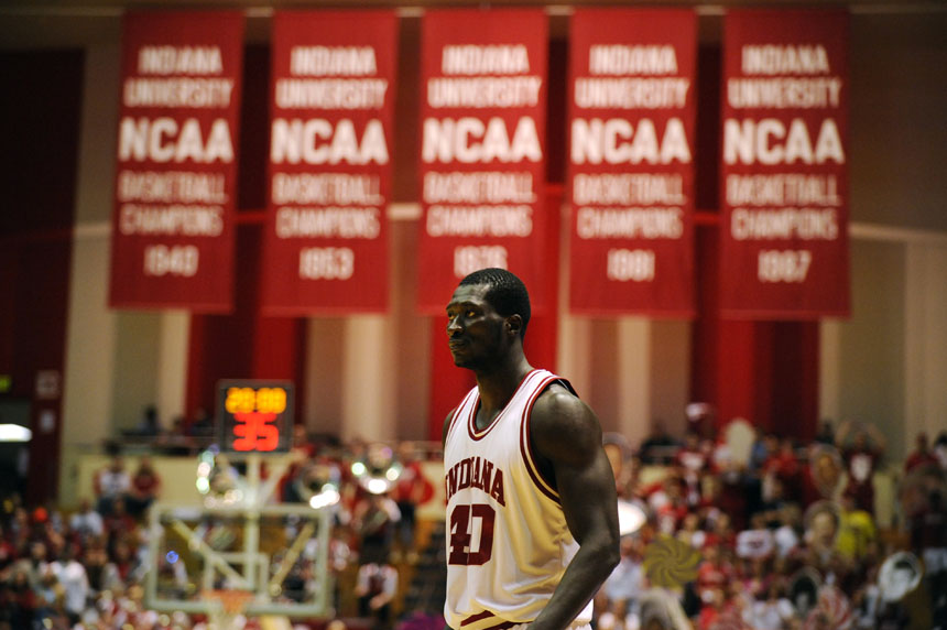 IU center Tijan Jobe awaits the start of an exhibition game against St. Joseph's on Monday, Nov. 9, 2009, at Assembly Hall.