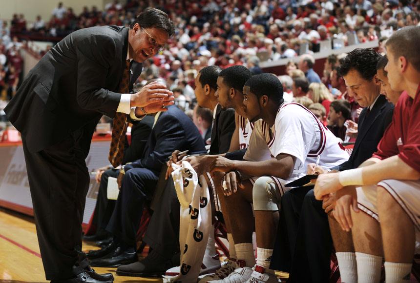 Indiana coach Tom Crean talks to his players during a break in the action on Monday, Nov. 16, 2009 at Assembly Hall in Bloomington, Ind.