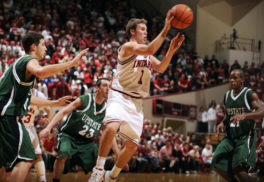 Indiana guard Jordan Hulls passes the ball to a teammate on the perimeter during a game against USC Upstate on Monday, Nov. 16, 2009 at Assembly Hall in Bloomington, Ind.