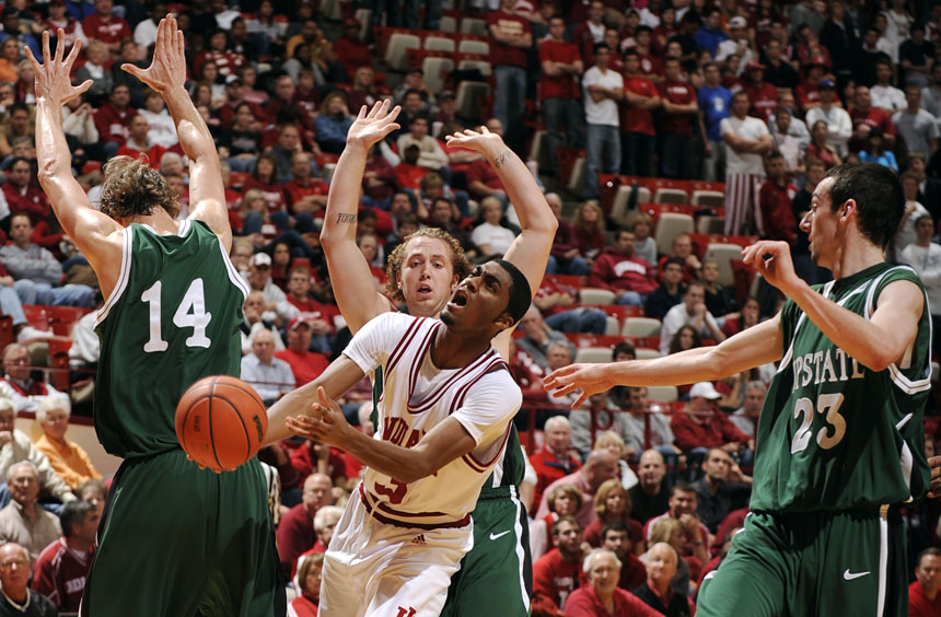 Indiana guard Maurice Creek reacts as he is fouled en route to the basket during a game against USC Upstate on Monday, Nov. 16, 2009 at Assembly Hall in Bloomington, Ind.