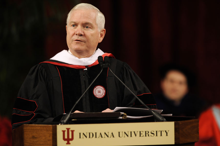 U.S. Secretary of Defense Robert Gates speaks to graduates during IU's Winter Commencement Exercises on Saturday, Dec. 19, 2009, at Assembly Hall. Gates earned a masters degree in history from IU in 1966.