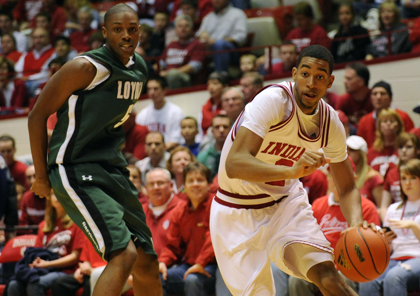 IU forward Christian Watford drives to the post in front of Loyola (MD) forward Shane Walker during a game on Tuesday, Dec. 22, 2009, at Assembly Hall. IU lost 72-67.