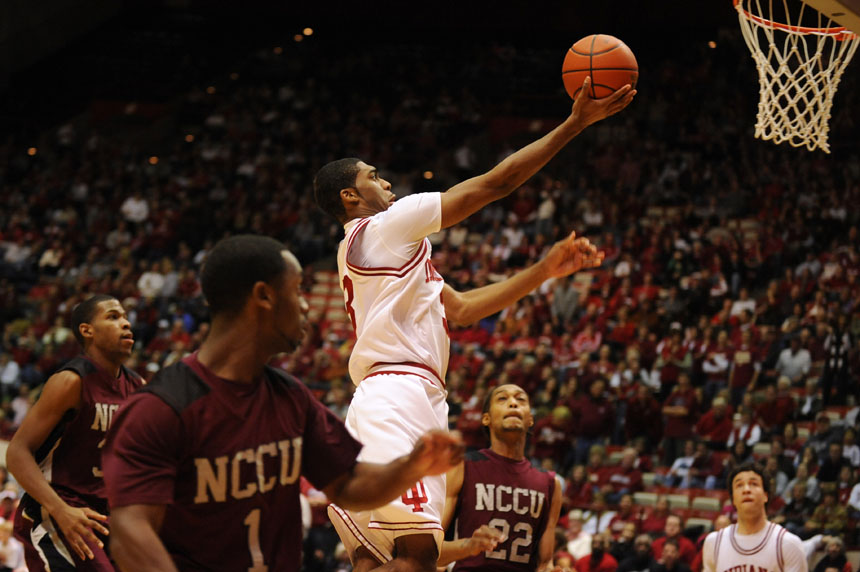 IU guard Maurice Creek goes in for a layup immediately after the opening tip during a game against North Carolina Central on Saturday, Dec. 19, 2009, at Assembly Hall.