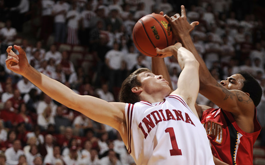 Indiana guard Jordan Hulls battles for a rebound during a game against Maryland on Tuesday, Dec. 1, 2009, at Assembly Hall in Bloomington, Ind.