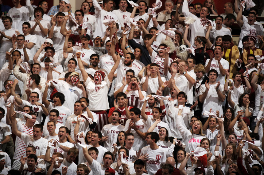 IU fans cheer during the first half of a game against Maryland on Tuesday, Dec. 1, 2009, at Assembly Hall in Bloomington, Ind. The game was a "white out" and all IU fans were encouraged to wear white shirts to the game.