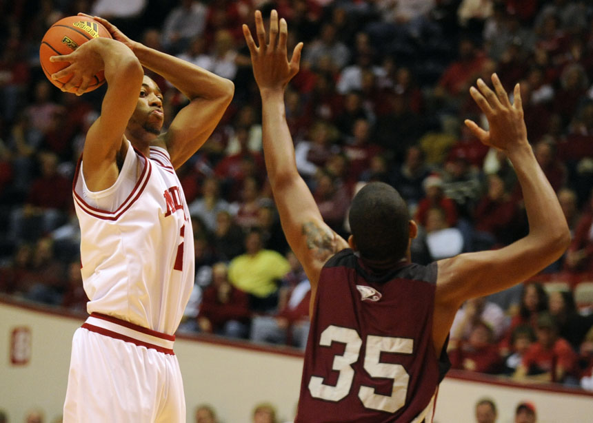 IU forward Christian Watford pulls up for a jump shot in front of North Carolina Central forward Nick Chasten during a game on Saturday, Dec. 19, 2009, at Assembly Hall.