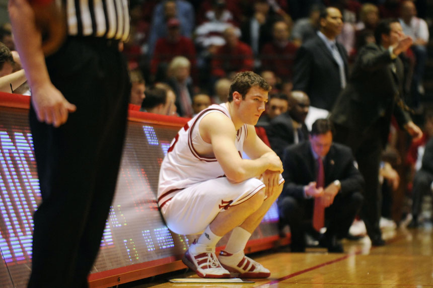 IU forward Tom Pritchard waits to be subbed into the game on Saturday, Dec. 19, 2009, at Assembly Hall. Pritchard, normally a starter, came off the bench in the game.