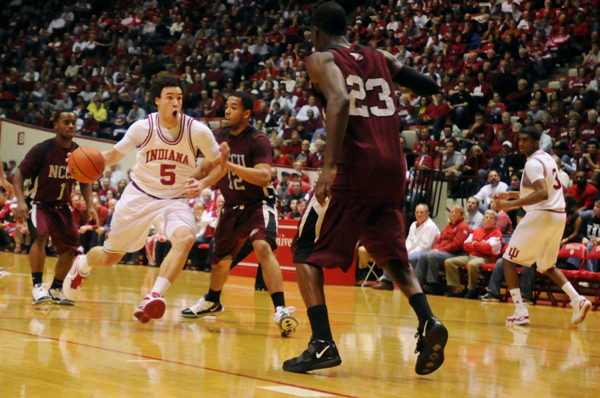 IU guard Jeremiah Rivers (5) drives into lane during a game on Saturday, Dec. 19, 2009, at Assembly Hall. IU won 81-58.
