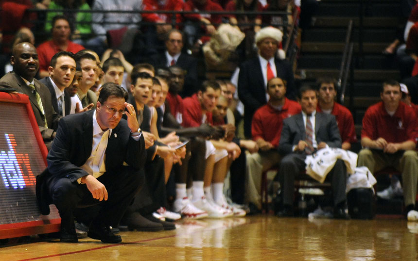 IU coach Tom Crean watches in disbelief as Loyola dominates his team in the first half of a game Tuesday, Dec. 22, 2009, at Assembly Hall. IU trailed 46-28 at the half.