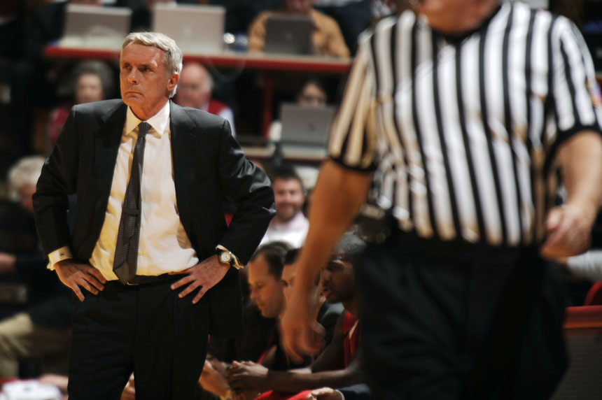Maryland coach Gary Williams shows his frustration with an official's call during a game on Tuesday, Dec. 1, 2009, at Assembly Hall in Bloomington, Ind.