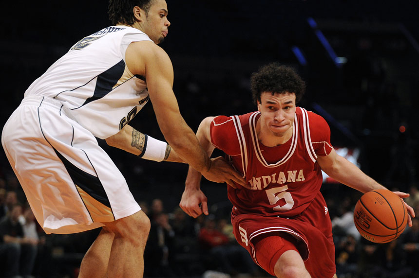 IU guard Jeremiah Rivers drives into the lane during the Jimmy V Classic on Tuesday, Dec. 8, 2009, at Madison Square Garden in New York.