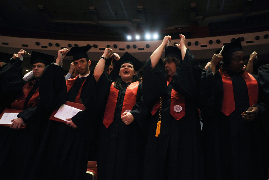 New graduates move their tassels during IU's Winter Commencement Exercises on Saturday, Dec. 19, 2009, at Assembly Hall.
