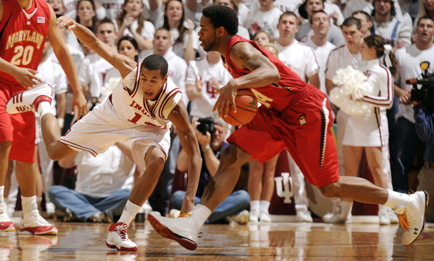 Indiana guard Verdell Jones III reacts as he attempts to steal the ball away from Maryland guard Sean Mosley during a game on Tuesday, Dec. 1, 2009, at Assembly Hall in Bloomington, Ind. Maryland won 80-68.