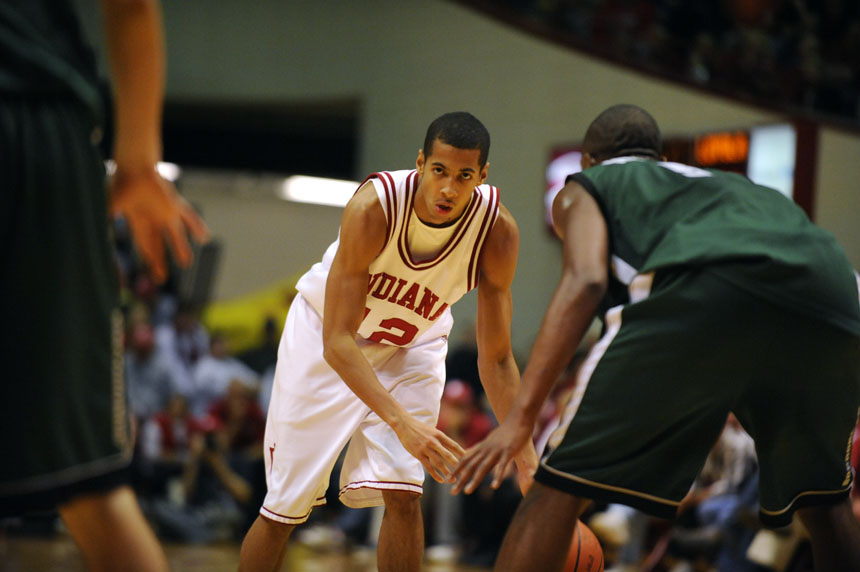 IU guard Verdell Jones III surveys the Loyola defense during a game on Tuesday, Dec. 22, 2009, at Assembly Hall. IU lost 72-67.