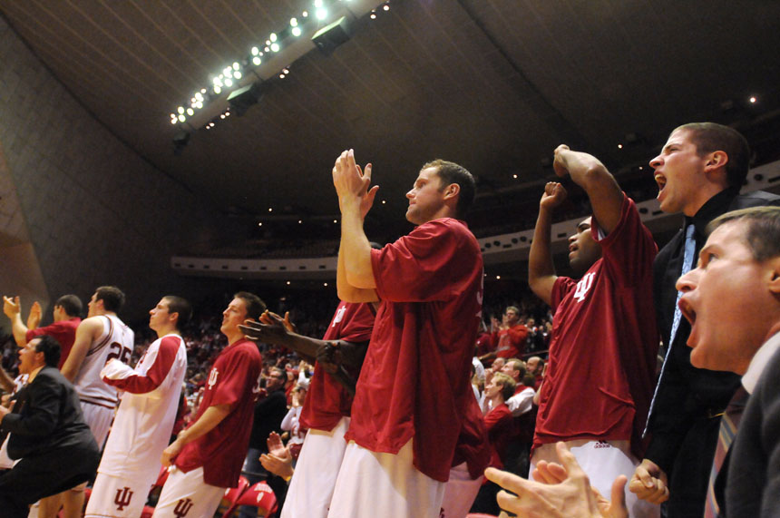 The IU bench reacts as the team makes a comeback in the second half during a game on Tuesday, Dec. 22, 2009, at Assembly Hall. IU lost 72-67.