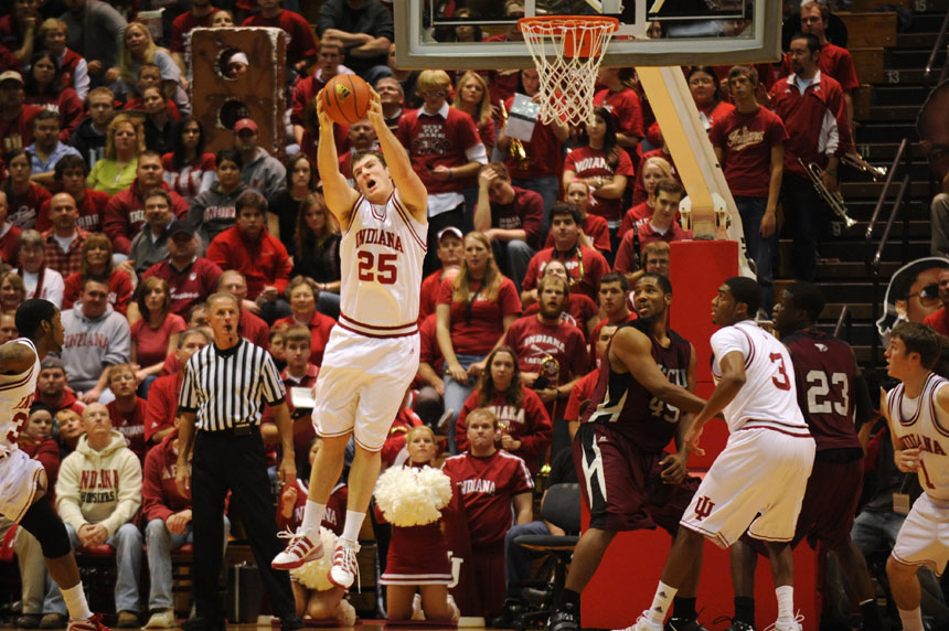 IU forward Tom Pritchard grabs a rebound during a game on Saturday, Dec. 19, 2009, at Assembly Hall. IU won 81-58.