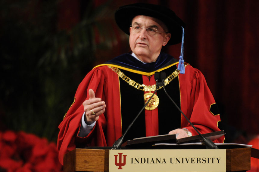 IU President Michael McRobbie speaks to soon-to-be graduates during IU's Winter Commencement Exercises on Saturday, Dec. 19, 2009, at Assembly Hall.