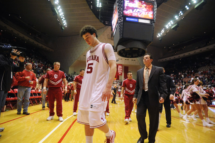 IU guard Jeremiah Rivers walks off the floor after the team's 72-67 loss to Loyola on Saturday, Dec. 22, 2009, at Assembly Hall. IU trailed by 18 at the half, but took the lead late in the second only to come up short.