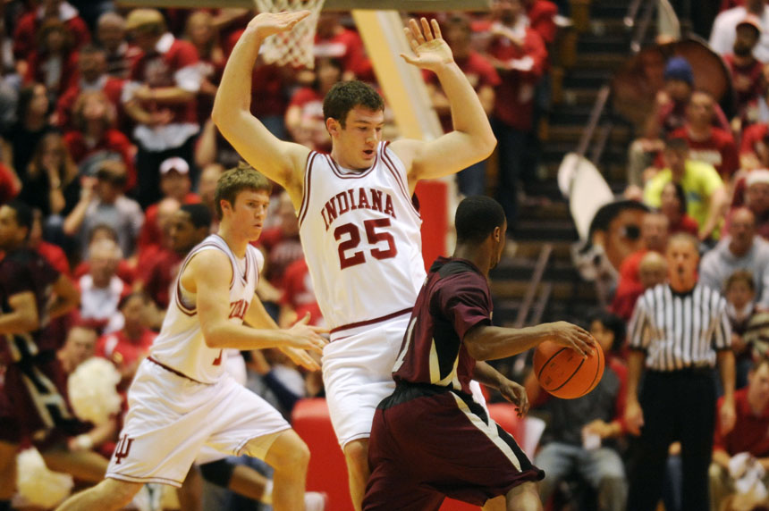 IU forward Tom Pritchard defends during a game on Saturday, Dec. 19, 2009, at Assembly Hall. IU won 81-58.