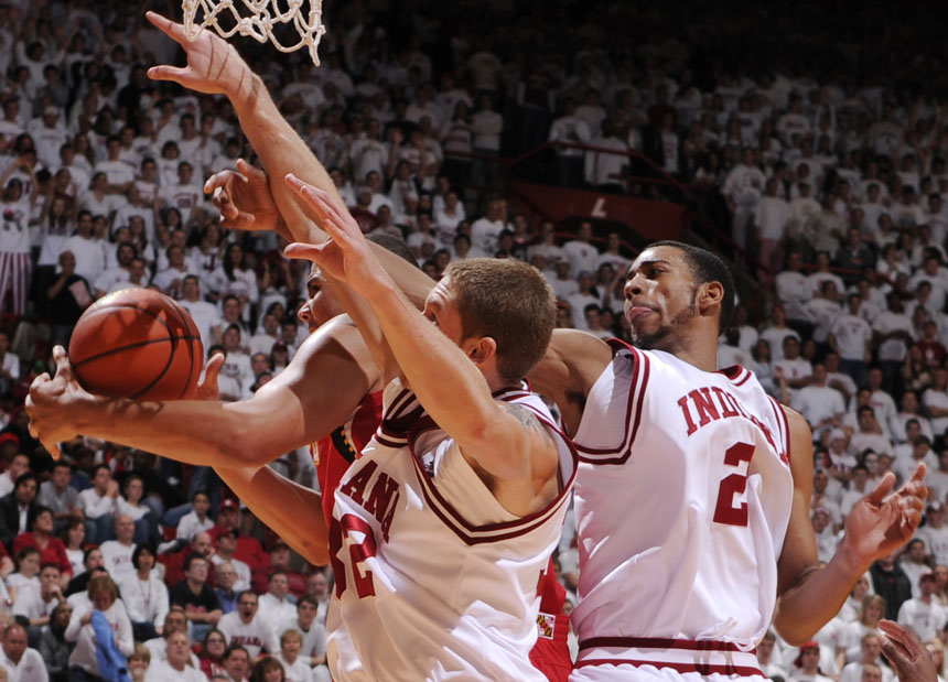 Indiana forward Derek Elston (32) and forward Christian Watford (2) fight for a rebound during a game on Tuesday, Dec. 1, 2009, at Assembly Hall in Bloomington,  Ind. Maryland won 80-68.