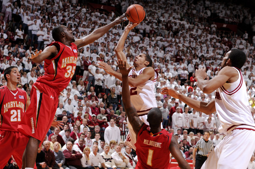 Indiana guard Verdell Jones III (12) puts up a shot contested by Maryland forward James Padgett (35) during a game on Tuesday, Dec. 1, 2009, at Assembly Hall in Bloomington, Ind. Maryland won 80-68.