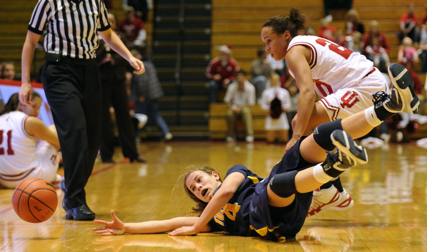 Toledo guard Naama Shafir (4) watches as a ball bounces out of bounds in front of IU guard Whitney Lindsay during a game Tuesday, Dec. 22, 2009, at Assembly Hall. IU won 73-63.