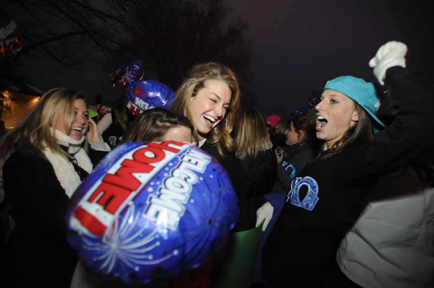 Alpha Chi Omega members welcome new members during Bid Day on Monday, Jan. 11, 2010, outside the chapter's Jordan Avenue house. Members faced frigid, sub-freezing temperatures as they greeted new members off of buses.