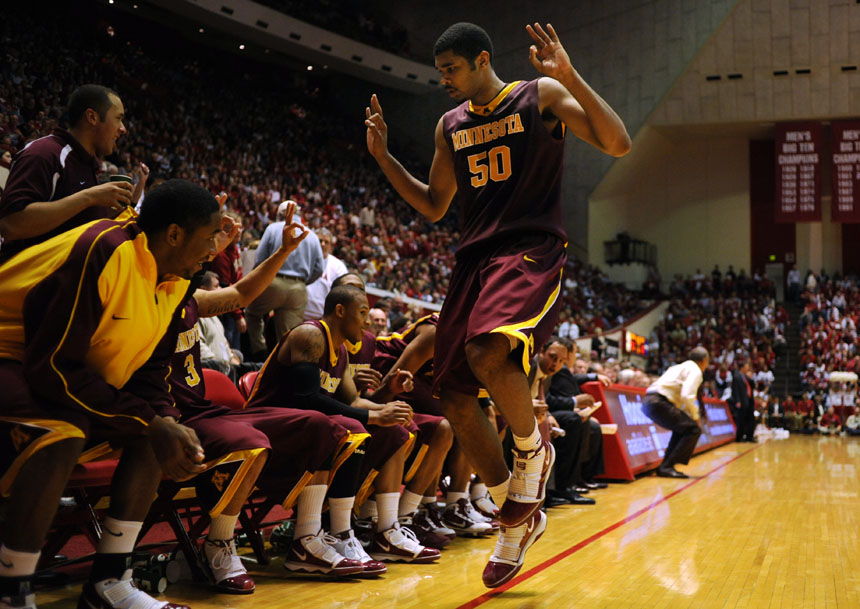Minnesota forward/center Ralph Sampson III dances on his way to the bench after IU fans taunted him by chanting "right" and "left" as he took steps back to the bench during a game on Sunday, Jan. 17, 2010, at Assembly Hall.
