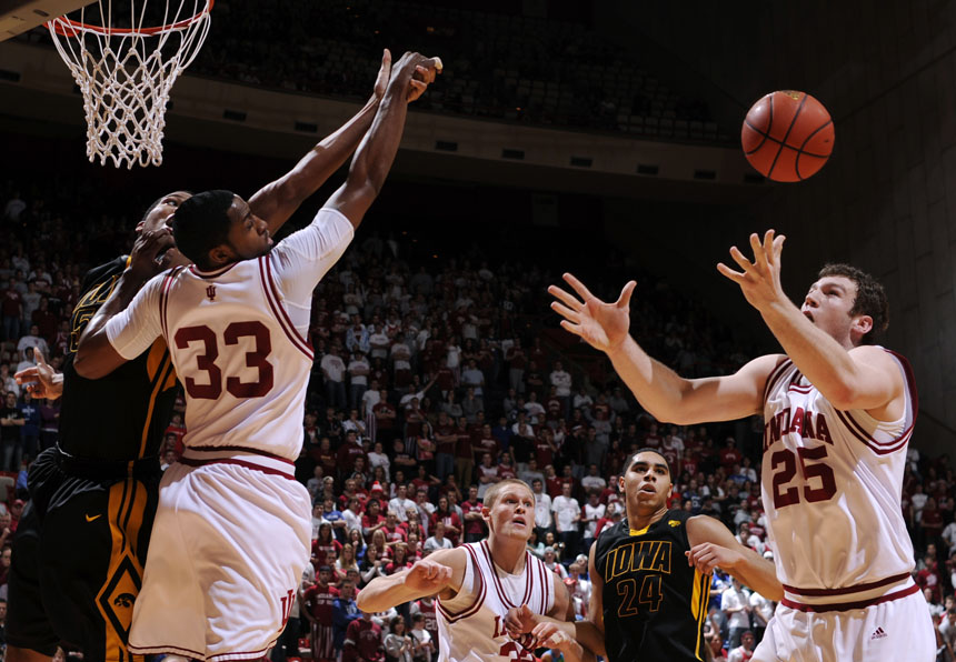 A tipped rebound falls into the awaiting hands of Indiana forward Tom Pritchard (25) during a game against Iowa on Sunday, Jan. 24, 2010, at Assembly Hall in Bloomington, Ind.