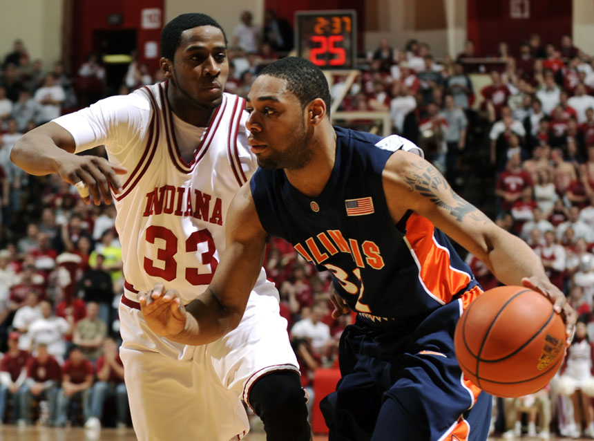 Illinois guard Demetri McCamey drives towards the basket as IU guard Devan Dumes defends during a game on Saturday, Jan. 9, 2010, at Assembly Hall. IU lost 66-60.