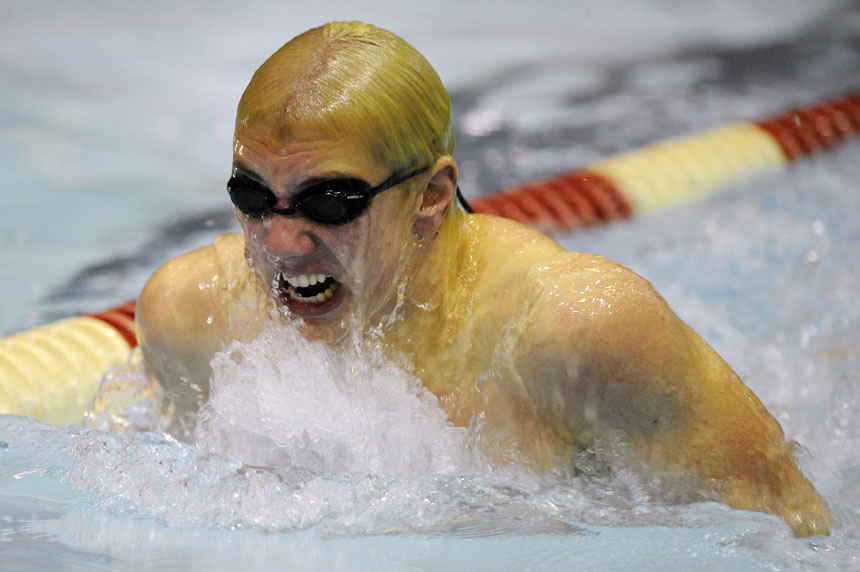 South's Darren Mehay grits his teeth as he races North's Scott Hoover, not pictured, to the finish in the 100-yard breaststroke during the Counsilman Classic on Saturday, Jan. 23, 2010, at IU's Royer Pool.